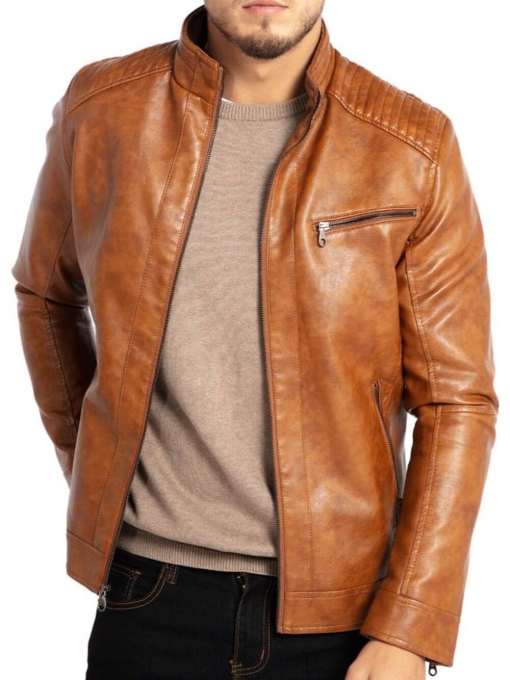 Men’s Brown Faux Leather Motorcycle Jacket Stand Collar Lightweight Biker Coat